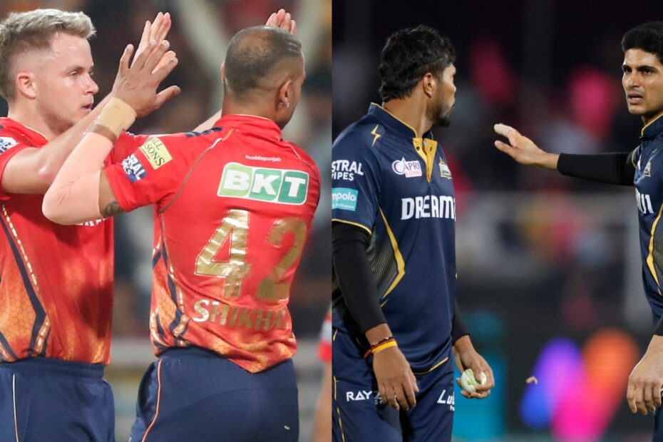GT vs PBKS - Cricket players from two teams celebrate on the field: two in red high-five each other on the left, while two in dark blue converse on the right, holding a ball nearby.