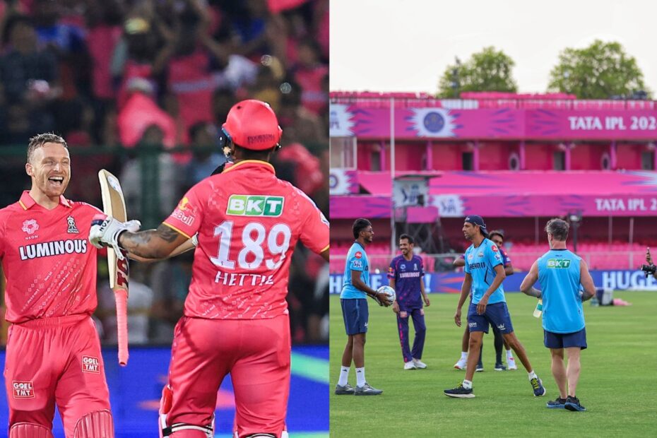 Split image: left side shows two cricket players in pink uniforms celebrating with a high-five on the field. Right side shows players in light blue training vests on a green cricket field with a pink IPL 2024 stadium in the background.