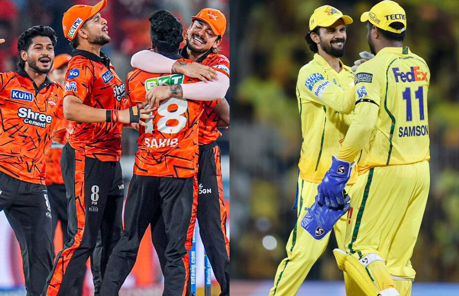 csk vs srh - Sunrisers Hyderabad players in orange celebrate with a group hug as two Chennai Super Kings players in yellow walk by nearby on the field.