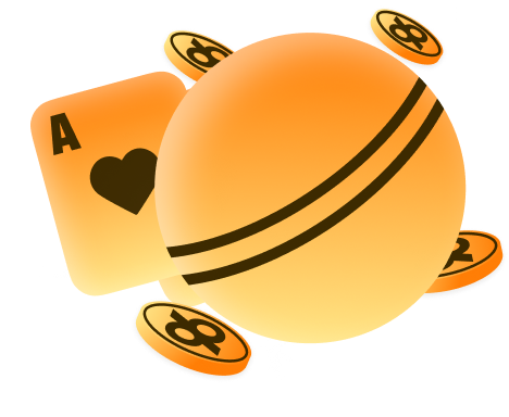 96com Manage Your Bankroll - Orange casino ball with a striped band, surrounded by coins and an Ace of hearts playing card, symbolizing gambling.
