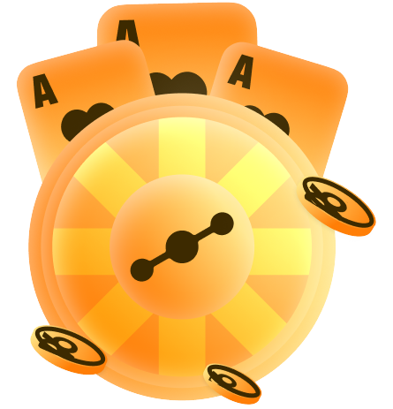 96in Casino - Casino luck concept: a glowing gold roulette wheel with three orange ace cards and scattered poker chips behind it