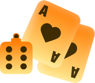 96in Rummy - Two overlapping orange Ace of Hearts playing cards with a yellow die in the foreground.