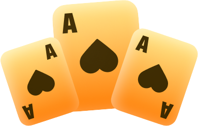96in Teen Patti - Three orange gradient playing cards fanned out, each showing an Ace of Spades (A)