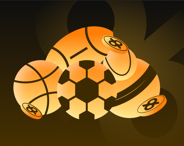 96in com Sports Betting - Orange soccer ball at center, flanked by basketballs and gold betting coins against a dark gradient background.
