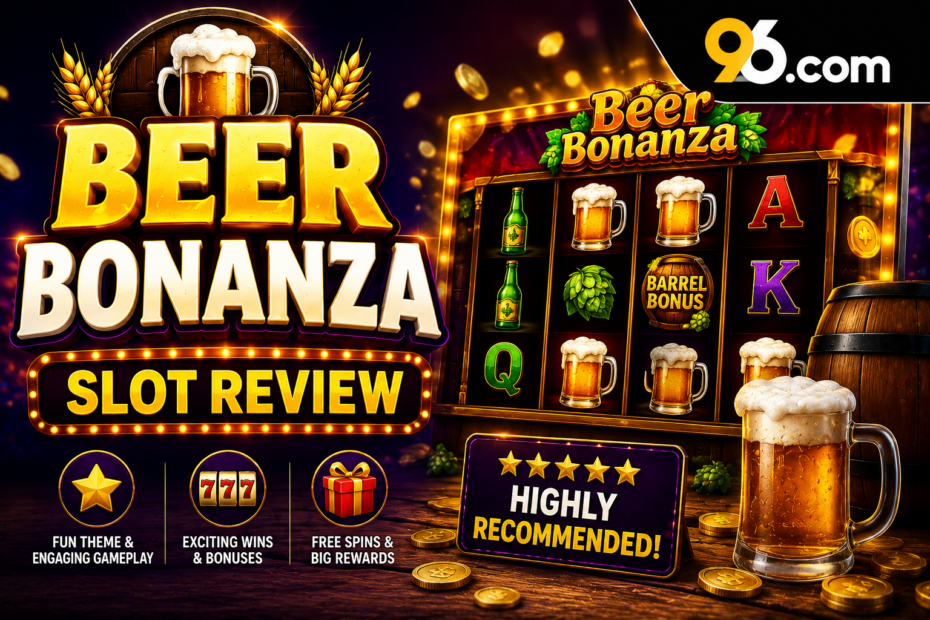 Beer Bonanza Slot Review - Promotional banner for a beer-themed slot game called Beer Bonanza with a slot reel, beer mugs, coins, and a glowing title 'Beer Bonanza'.