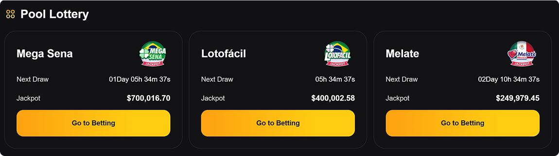 Benefits of Playing Lottery Online - Pool Lottery dashboard showing three lottery cards (Mega Sena, Lotofácil, Melate) with next draw times, jackpots, and orange Go to Betting buttons.