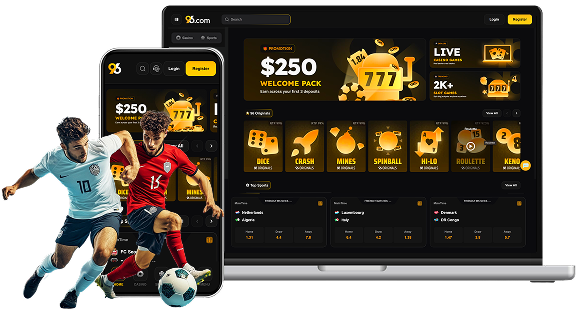 Enter into the new world of betting - Dark, promotional online casino interface displayed on a laptop and a smartphone, featuring a 0 welcome pack banner and casino game icons, with two soccer players in the foreground.