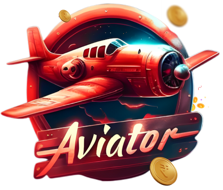 Joins96 AVIATOR - Logo for Aviator game: red propeller plane cutting through a circular blue background with the word 'Aviator' and floating coins around it