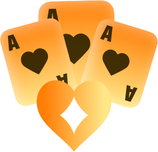 Joins96 BLACKJACK AND POKER - Three orange ace cards with heart suits fanned over an orange heart with a white diamond cutout in the center, creating a romantic graphic.