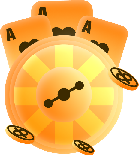 Joins96 Casino Betting - Orange casino wheel with playing cards (A) and scattered coins, illustration of a gambling game scene