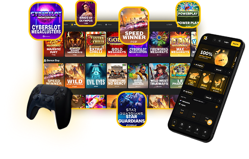 Joins96 E-sports Betting - Tablet screen filled with colorful game icons, with a black game controller on the left and a smartphone showing a gaming app on the right.
