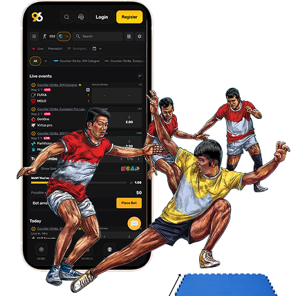Joins96 Kabbadi Betting - Smartphone screen showing a sports betting app with live events and a bright orange Place Bet button, surrounded by three football players in action. Blue mat visible at the bottom.
