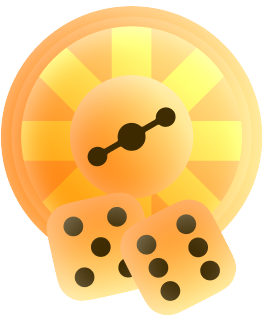 Joins96 ROULETTE - Gambling icon: a glowing golden roulette wheel with a central dial and two dice with black pips in front.