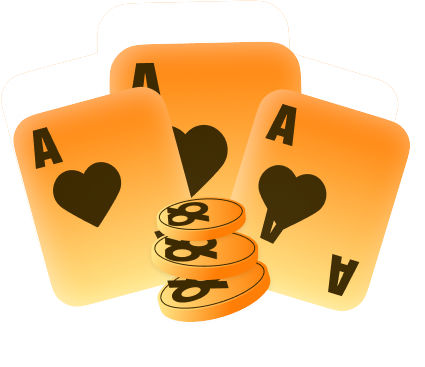 Joins96 TEEN PATTI - Three orange Ace of Hearts playing cards arranged behind a stack of orange poker chips (casino gambling image)