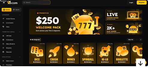 Lot Of Games Availabe - Dark online casino homepage with a 0 welcome pack banner and gold chips; row of game icons (Dice, Crash, Mines, Spinball, Hi-Lo, Roulette)