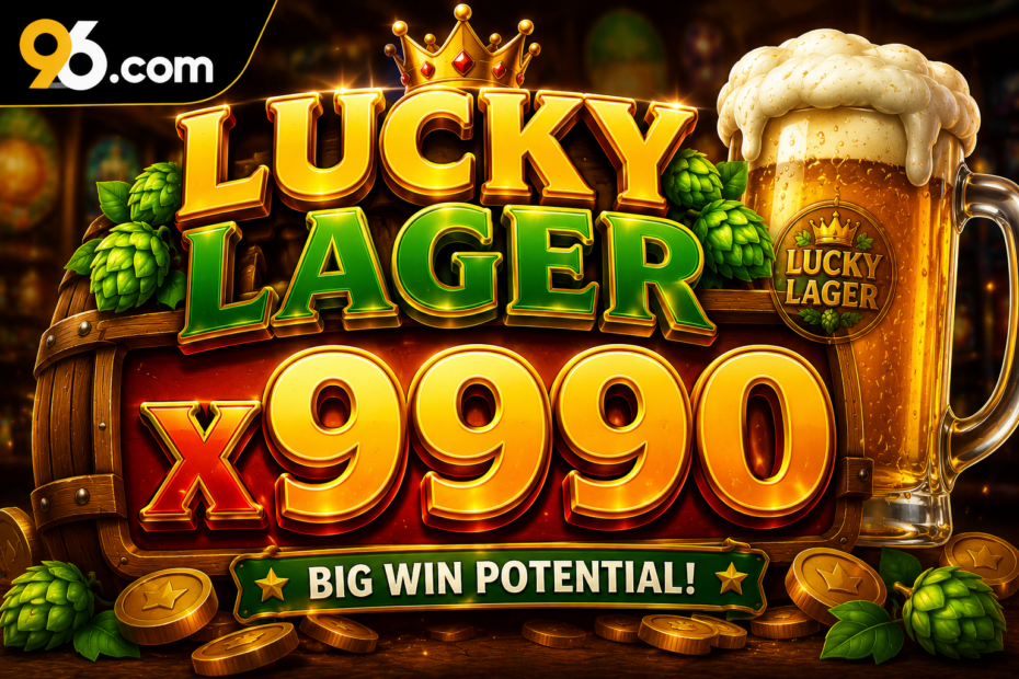 Lucky Lager x9990 - Bright casino-style banner advertising Lucky Lager with x9990 and 'Big Win Potential' on a wooden bar background