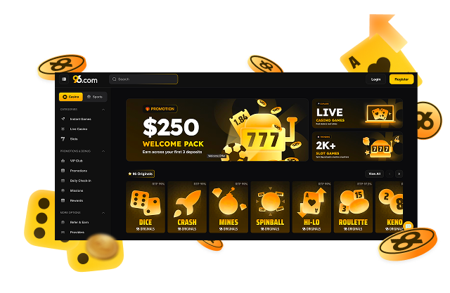 ONLINE CASINO 96in - Dark online casino dashboard featuring a 0 welcome pack banner and gold dice, surrounded by floating casino chips and icons.