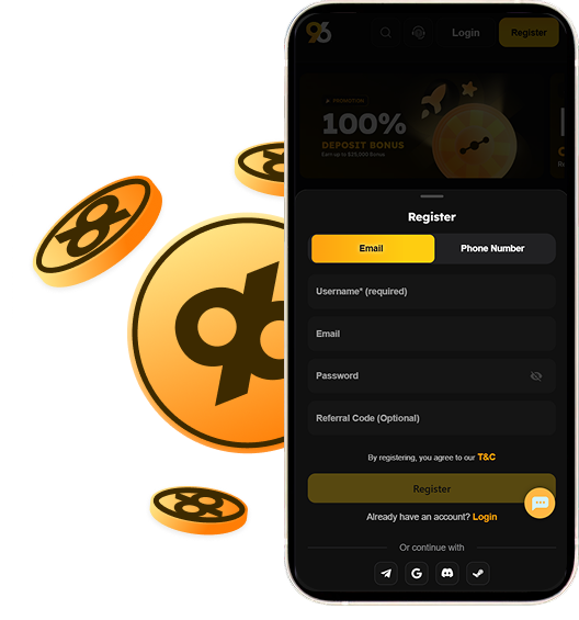 Play Lottery Online on 96com - Mobile app registration form on a phone: fields for username, email, password, referral code, and a yellow Register button; gold coin background.