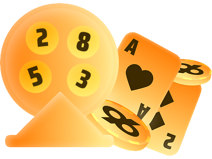 Play Online Lottery - Orange lottery ball machine with numbered balls (2, 8, 5, 3) beside playing cards and gold coins from a casino theme.