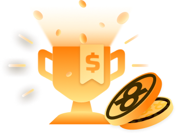 Promotions and Bonuses - Golden trophy with a hanging dollar tag, surrounded by coins to signify prize winnings.