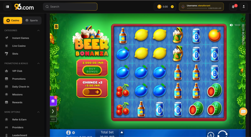 image - Beer Bonanza slot game screen with a green jungle background, showing a 5x? fruit grid including lemons, blue bottles, watermelons, cherries, and a beer can cluster on the right side.