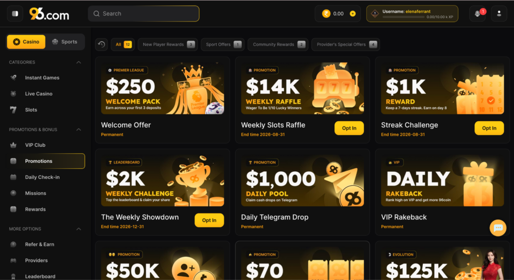 image - Promotions dashboard showing multiple offer cards on a dark casino site with yellow accents and 'Opt In' buttons