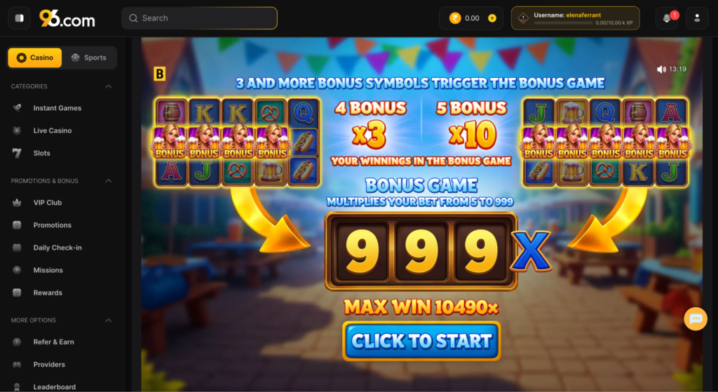 image - Promotional casino game screen with slot reels, bonus symbols, and text about 3x and 10x bonuses with a 'Click to Start' button.