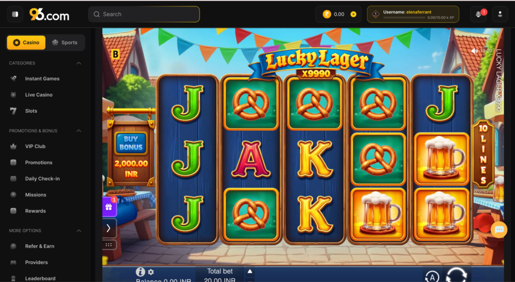 image - Slot machine game screen with colorful reels showing letters and pretzel symbols, bonus area on the left, beer mug icon at bottom.