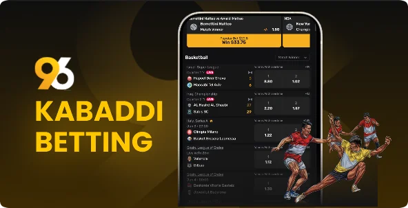 10_Kabaddi-96in-com-0884f6 - Promo banner for Kabaddi betting with bold yellow text, a smartphone betting app, and illustrated players on the sides.