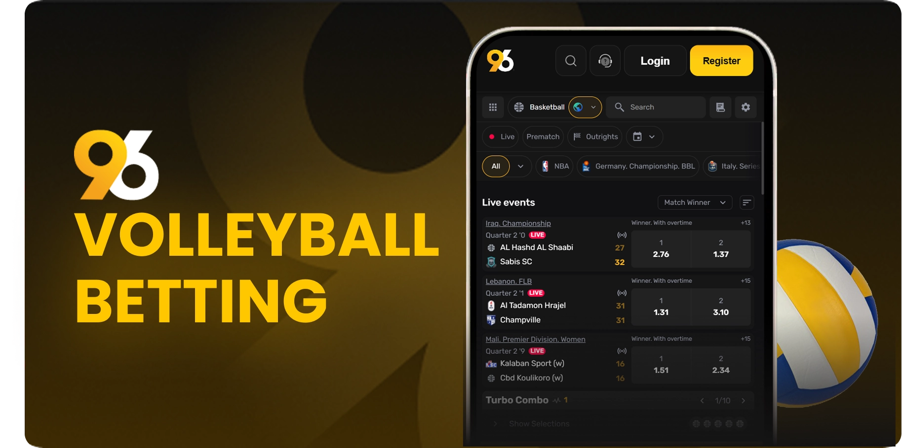 11_VolleyBall-96in-com-9b6dc7 1 - Promotional banner for 96 Volleyball Betting featuring a smartphone showing a betting app's live events and a volleyball on the right.