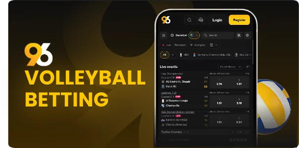 11_VolleyBall-96in-com-9b6dc7 - Promotional banner for 95 Volleyball Betting featuring a dark mobile app screen and a volleyball on the right, with bold yellow text and logo.