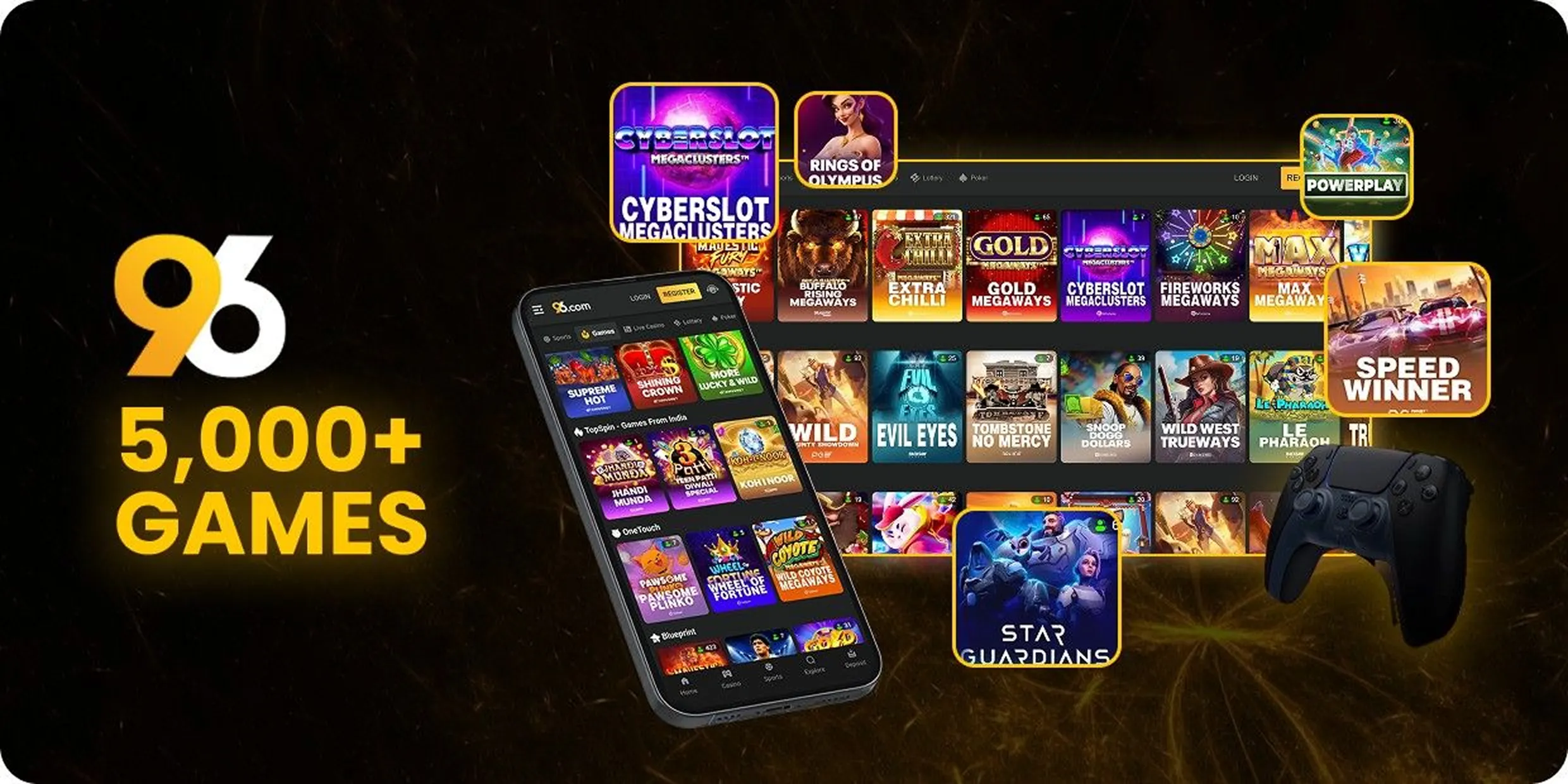 13_96-game-5000-on-96-com-home 1 - Promotional banner for a gaming platform offering 5,000+ games, featuring a smartphone, game icons, and a handheld controller on a dark background.