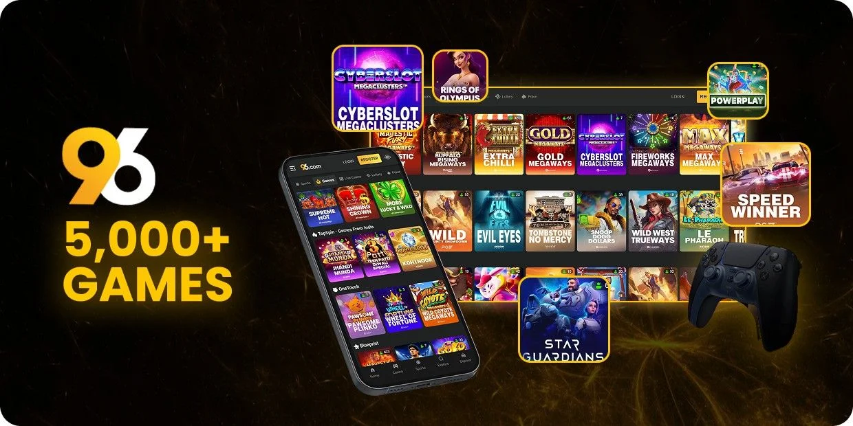 13_96-game-5000-on-96-com-home - Dark banner with a tilted smartphone and game controller beside a grid of colorful game icons and '5,000+ GAMES' text.
