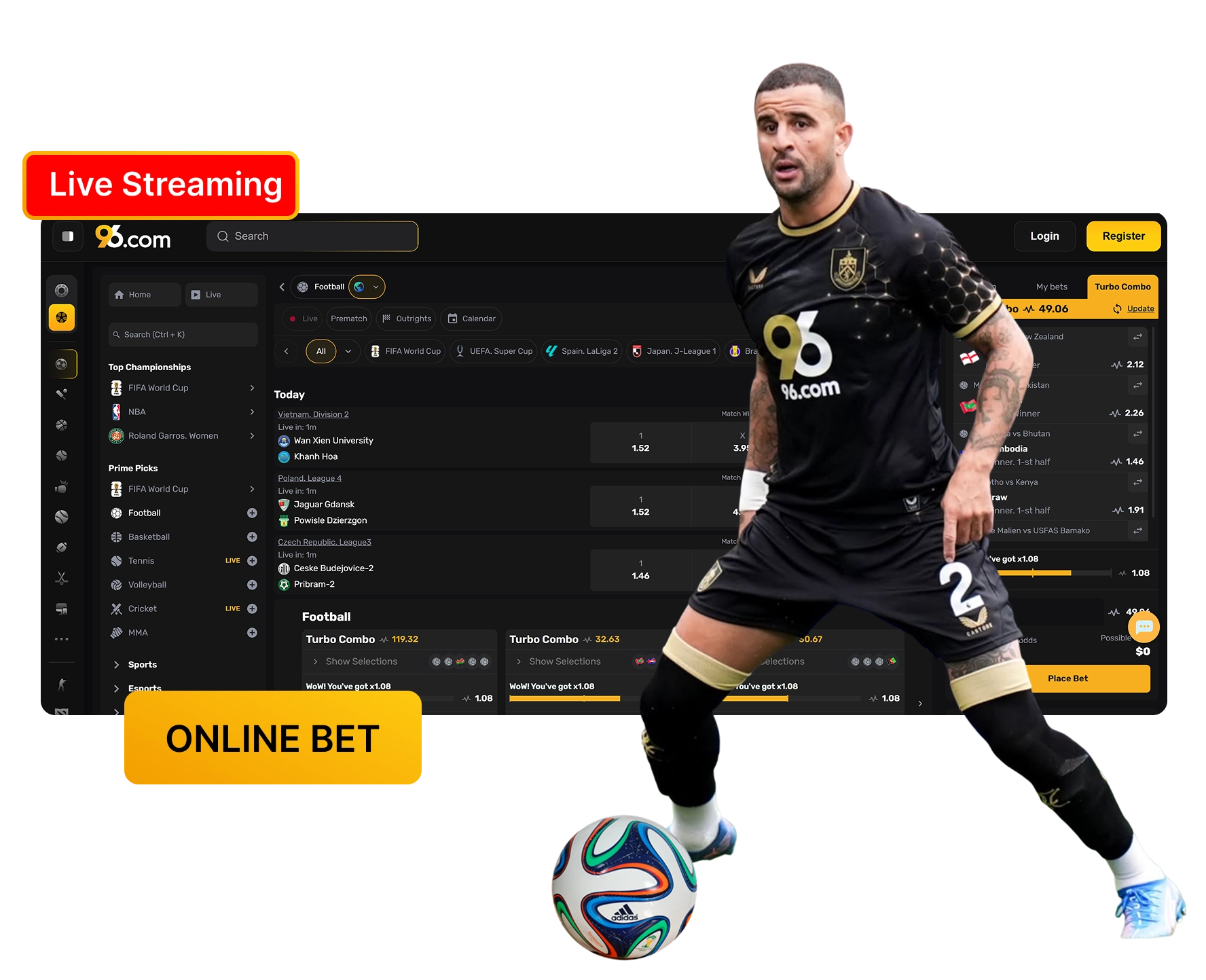 14_Live-Betting-and-Streaming-96in-com-734a2e 1 - Dark sportsbook interface with a bright red 'Live Streaming' badge and a soccer player overlay, plus an 'ONLINE BET' banner in the foreground.