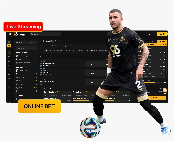 14_Live-Betting-and-Streaming-96in-com-734a2e - Soccer player in a black kit dribbling a ball in front of a dark online betting dashboard with 'Live Streaming' and 'ONLINE BET' banners.