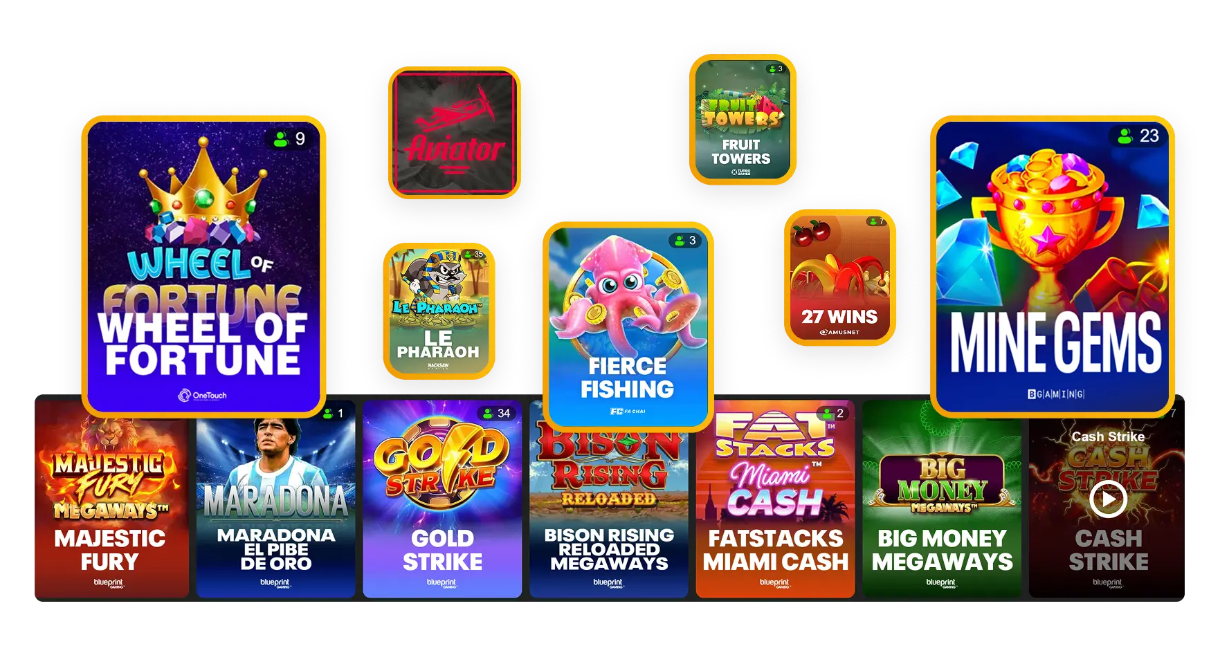 15_choose-a-specific-game-aea390 1 - Collection of colorful rounded-square game icons arranged in a collage, featuring titles like Wheel of Fortune, Aviator, Fruit Towers, Mine Gems and various slots games.