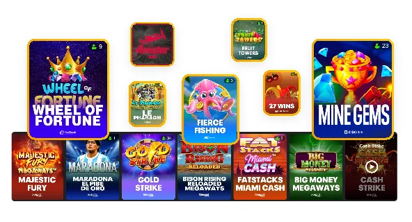 15_choose-a-specific-game-aea390 - Colorful collage of square mobile game icons (e.g., Wheel of Fortune, Mine Gems) arranged on a game shelf.