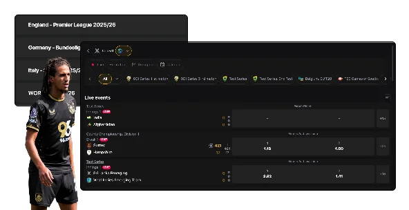 16_ODDS-AND-ACTION-LINE-96in-5a68e4 - Football player in kit stands beside a dark sports dashboard showing live events across multiple leagues (England, Germany, Italy). The composite UI suggests live match stats.