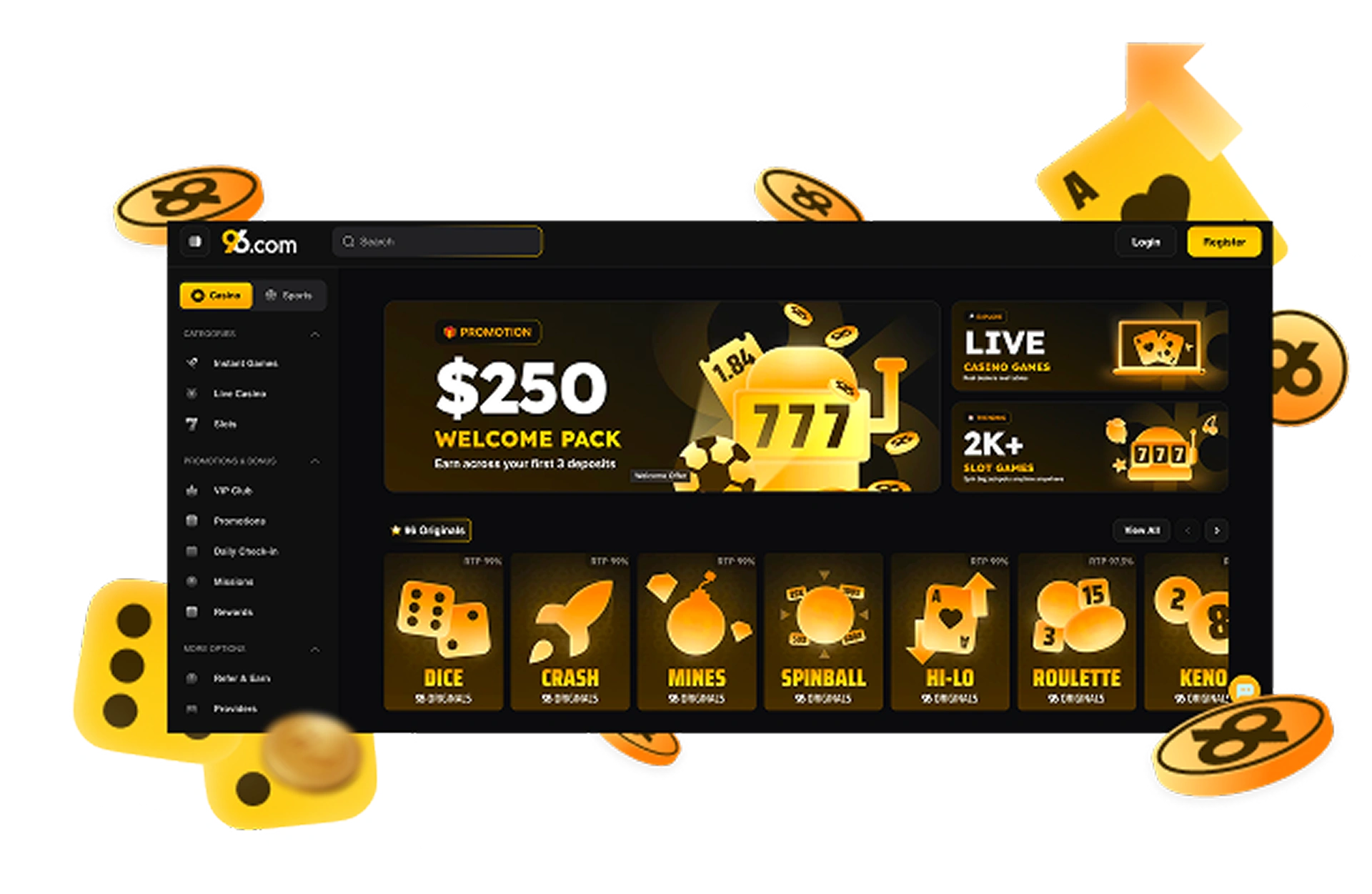 18_ONLINE-CASINO-96in 1 - Dark online casino dashboard with yellow accents, left navigation, and a '0 Welcome Pack' promo banner in the center