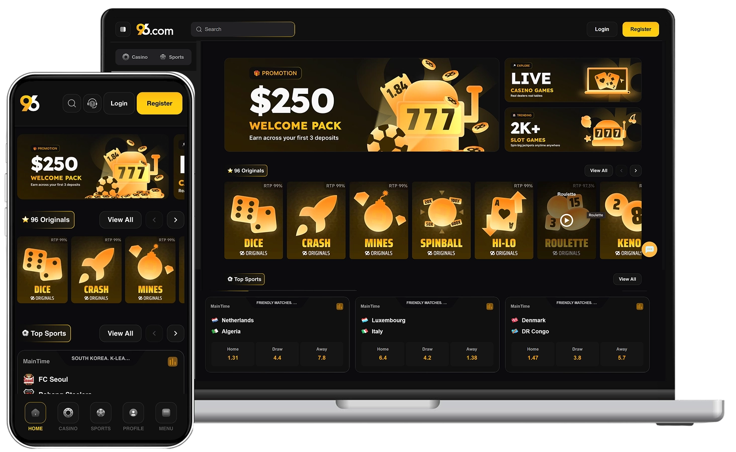 1_96in--Get-a-100-Welcome-Bonus-0cd73e 1 - Dark-themed online casino interface shown on a phone and laptop with gold promo banners and navigation menus