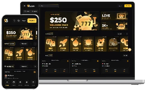 1_96in--Get-a-100-Welcome-Bonus-0cd73e - Responsive casino website UI on phone and laptop with golden graphics and a 0 welcome pack offer (gold-on-black theme).