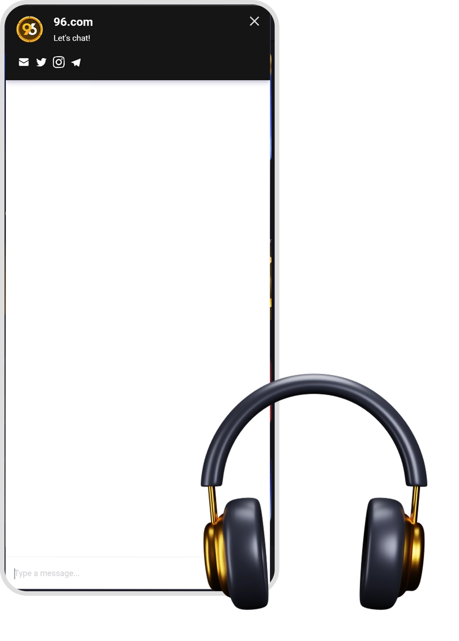 20_96in-support-d7ca61 1 - Live chat popup from 96.com with 'Let's chat!' and social icons; large white main area and big headphones graphic overlapping the screen.
