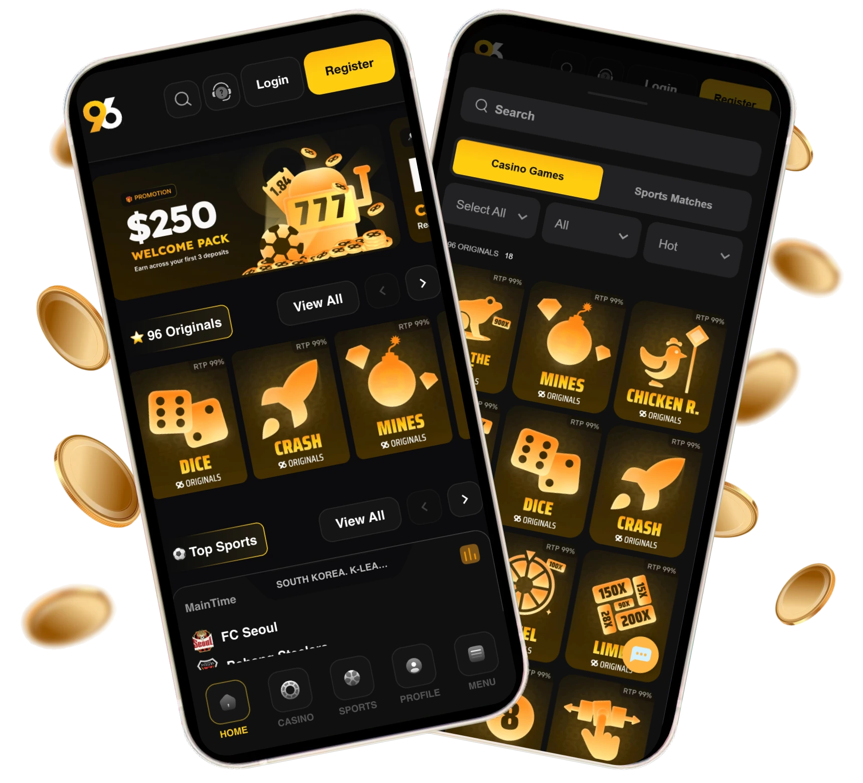 2_96in-Mobile-App-db22fa 1 - Two tilted smartphones displaying a dark themed casino app with yellow accents, showing a Register button and a grid of game icons with gold coins around.
