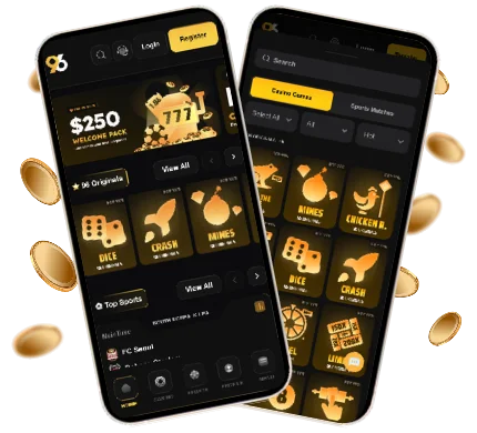 2_96in-Mobile-App-db22fa - Two dark‑mode smartphones showing a casino app with gold icons and coins around them on a black background