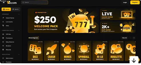 3_Lot-Of-Games-Availabe - Dark online casino homepage with a promo banner showing '0 Welcome Pack' and 777 chips; left navigation menu and orange game-icon tiles (Dice, Crash, Mines, Spinball, Hi-Lo, Roulette).