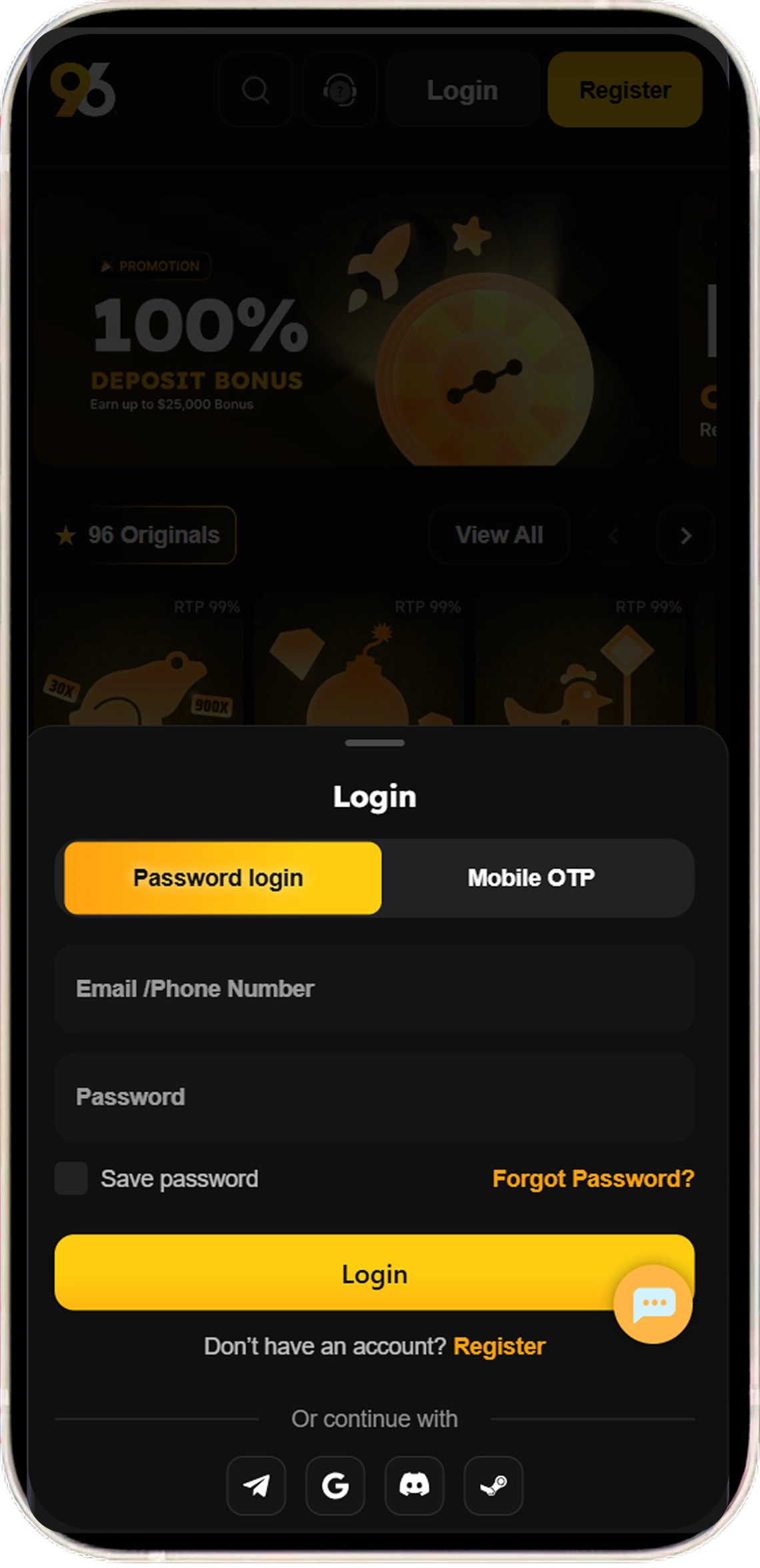 4_96com-HOW-TO-LOGIN-9ae369 1 - Dark themed mobile app login modal with Password login selected; fields for Email/Phone and Password; Save password; Forgot Password?; yellow Login button; Register prompt.
