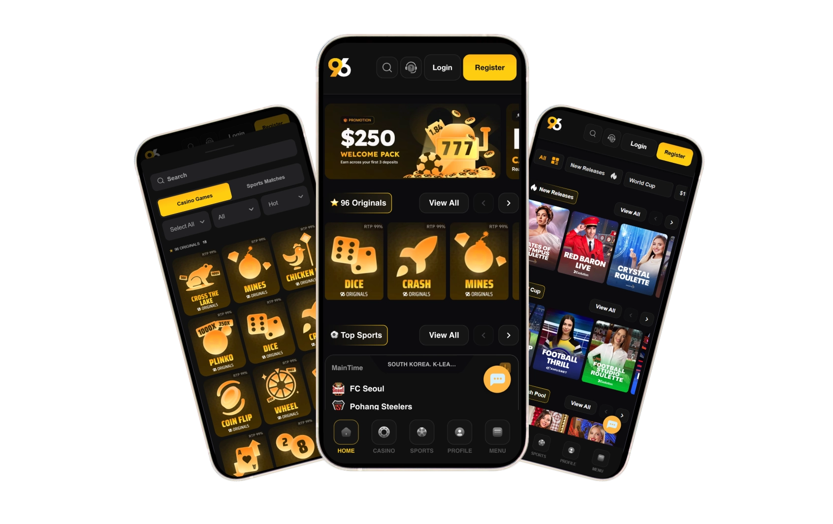 6_Casino-on-96in-dd034c 1 - Dark-themed casino app interface on three tilted smartphones displaying featured games, promos, and navigation (Login/Register visible) for a gambling platform.