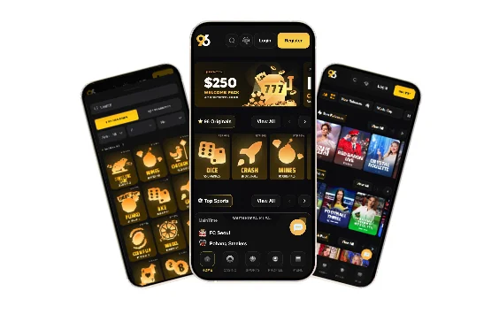 6_Casino-on-96in-dd034c - Three smartphones display a dark mobile casino app with gold accents, showing game icons, chips, and a dashboard.