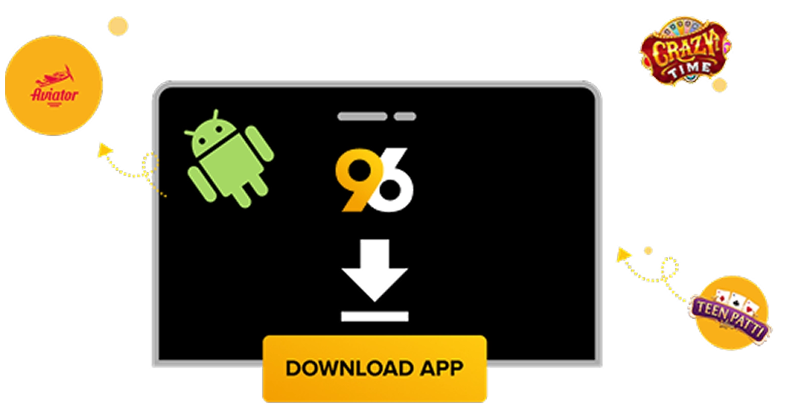 7_96-apk-download-android-home 1 - Promotional banner inviting users to download the app, showing the Android mascot, a bold 96 logo, and a yellow 'DOWNLOAD APP' button with game logos around it.
