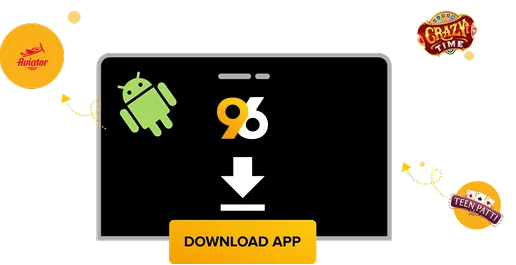 7_96-apk-download-android-home - Laptop/monitor with Android icon and large download arrow, a yellow 'DOWNLOAD APP' button, and circular app badges around the edges, conveying a prompt to download the app.
